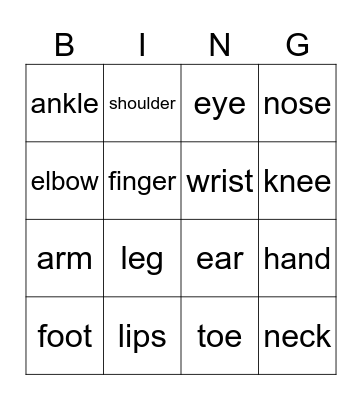 Body Part Names Bingo Card