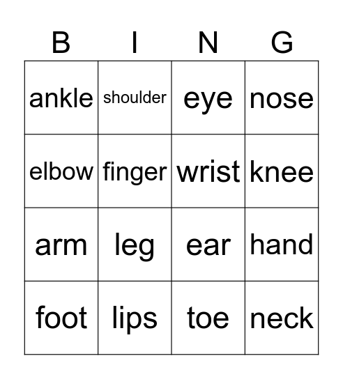 Body Part Names Bingo Card
