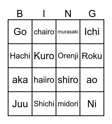 Colors and Numbers in Japanese Bingo Card