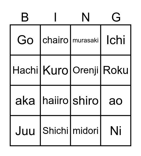 Colors and Numbers in Japanese Bingo Card