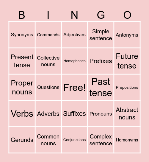 BINGO: LANGUAGE STRUCTURES EDITION Bingo Card