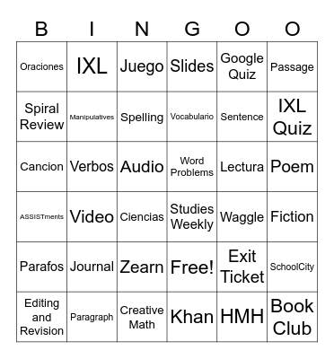 4th Grade Bingo Card