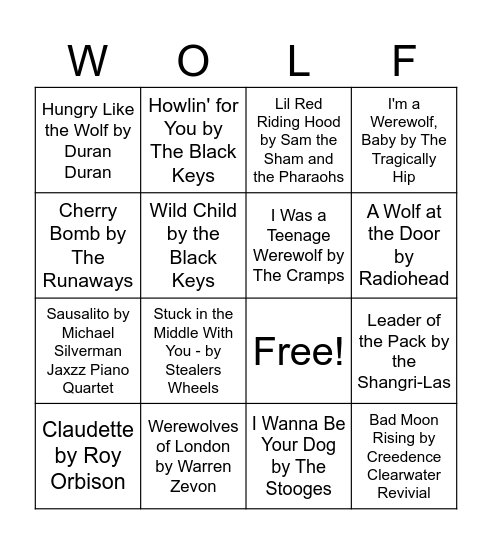 Wolf Songs Singo Bingo Card