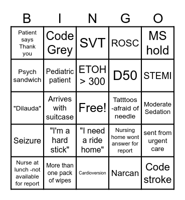 EMERGENCY DEPARTMENT Bingo Card
