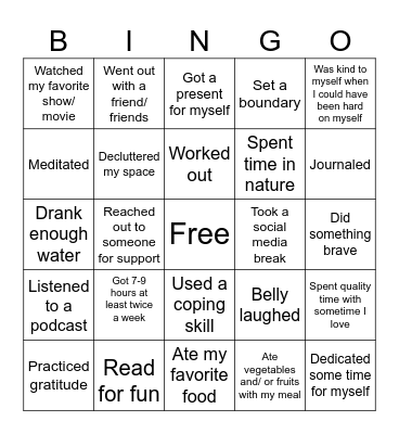 Self Care Bingo Card