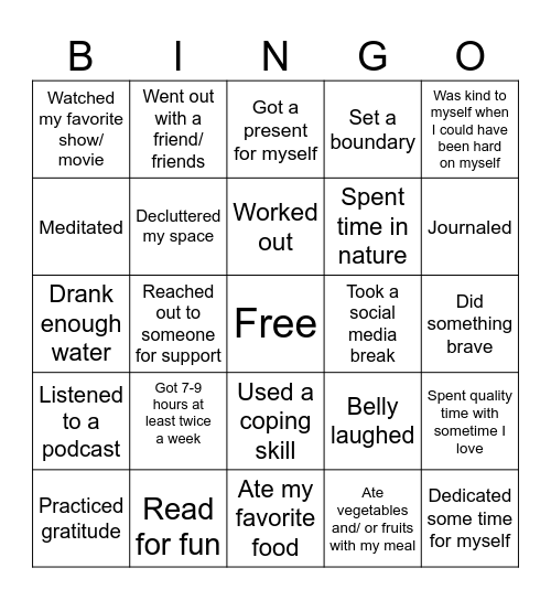 Self Care Bingo Card