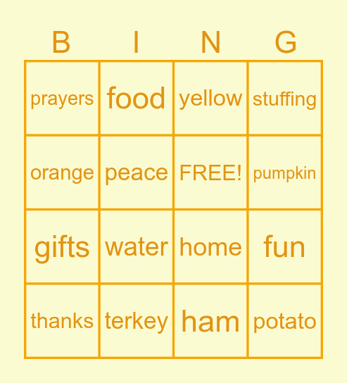 thankful for Bingo Card
