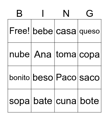 Sight Words Bingo Card