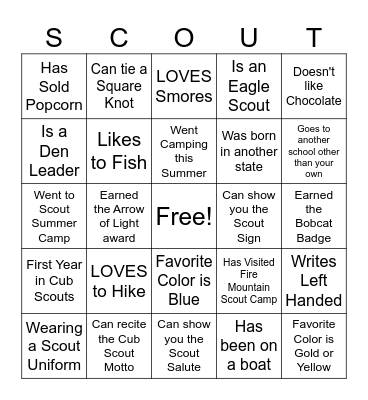 Cub Scout Pack 121 Welcome Bingo! Bingo Card