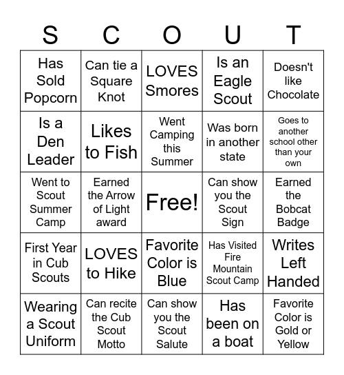 Cub Scout Pack 121 Welcome Bingo! Bingo Card