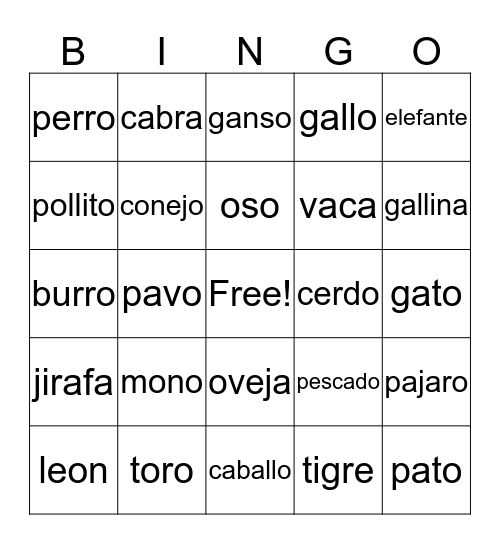 ANIMALES EN ESPAÑOL Bingo Card