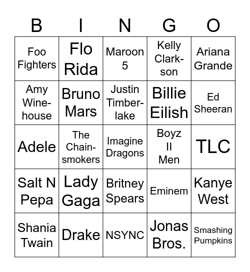 Pop Music Stars Bingo Card