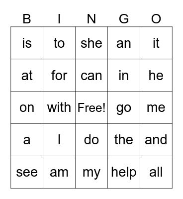 Sight Words Bingo Card