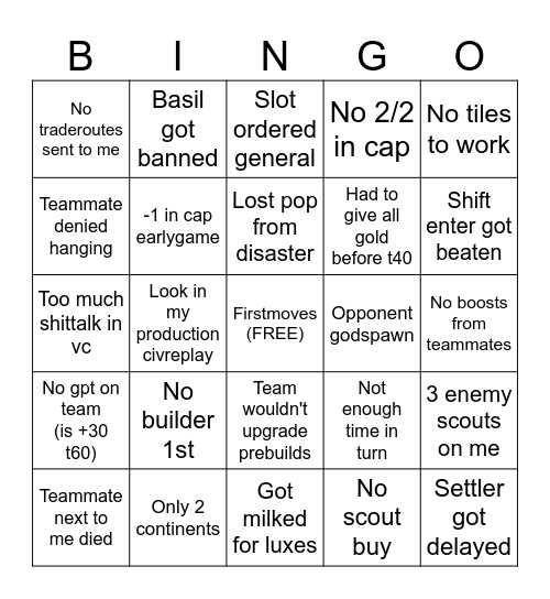 Derios Excuse Bingo Card