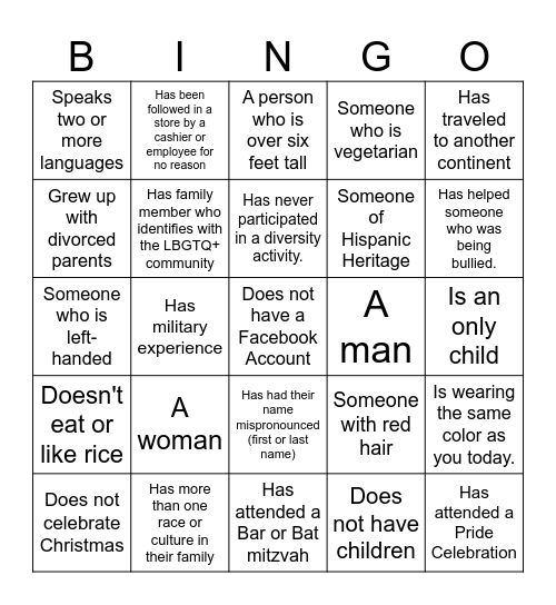 Diversity Bingo ... Find someone who Bingo Card