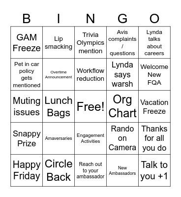 Q3 I gotta pee FQA Town Hall Bingo Card