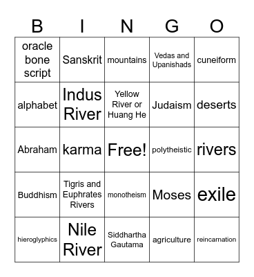 Ancient River Valley Civilizations Bingo Card