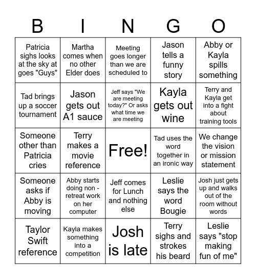 Staff Elder Retreat Bingo Card