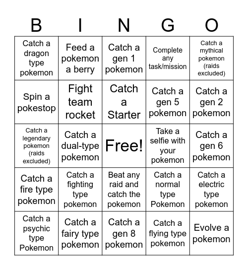 Pokemon Go Bingo 1234 Bingo Card