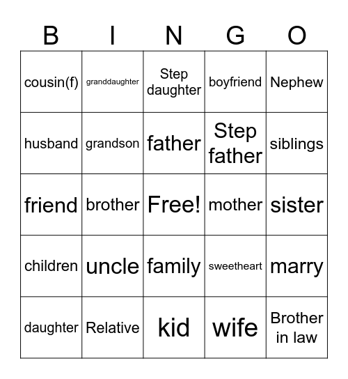 ASL 1 Family and Friends Bingo Card