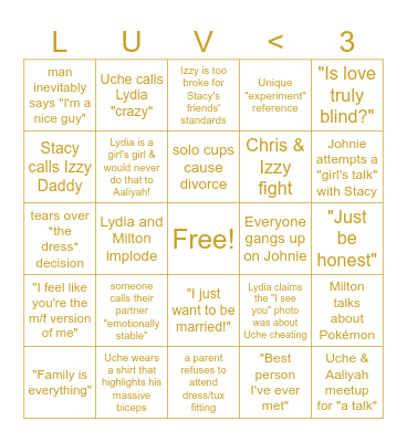 Love Is Blind Bingo Card