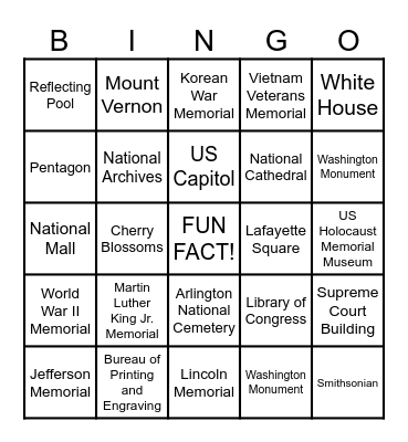 WASHINGTON DC Bingo Card