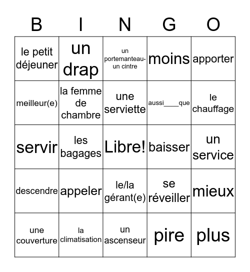 Les Services à l'hotel - J. Bowers Bingo Card