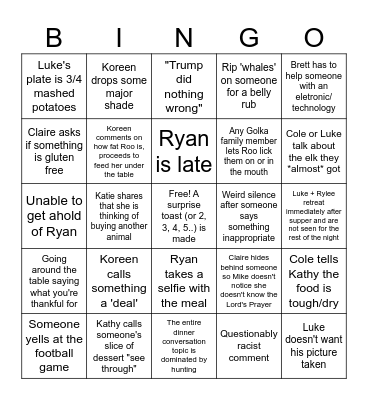 Golka Thanksgiving Bingo Card