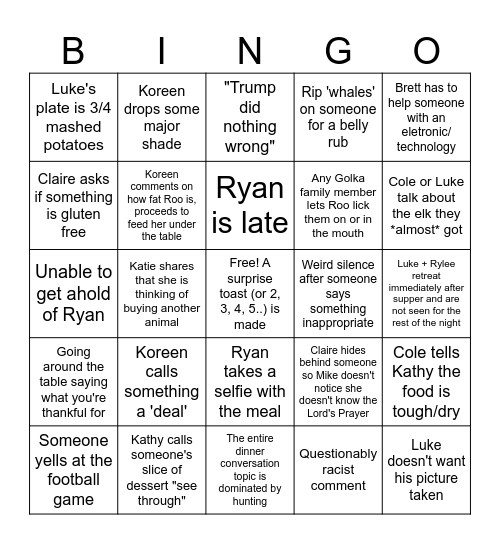 Golka Thanksgiving Bingo Card