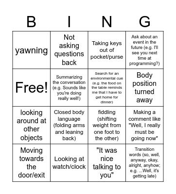 Ending the Conversation Cues Bingo Card