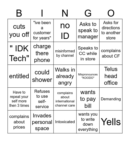 Customer Bingo Card