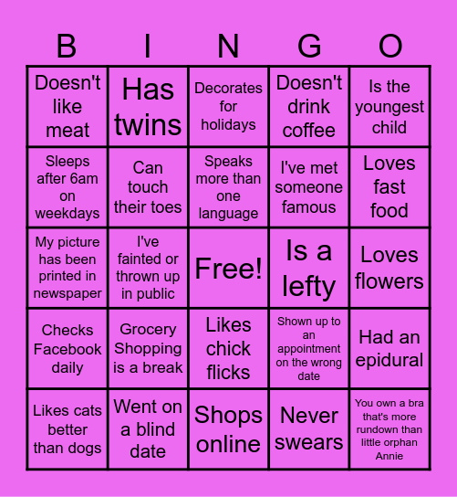 Get to know me - Mom Version Bingo Card
