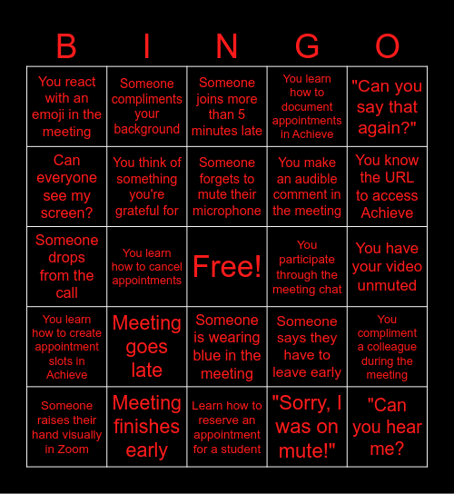 Achieve Training Mission Log Bingo Card