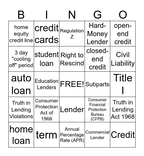 Truth in Lending Act BINGO  Bingo Card