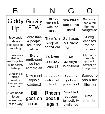 VP Fall Weekly Recap Bingo Card