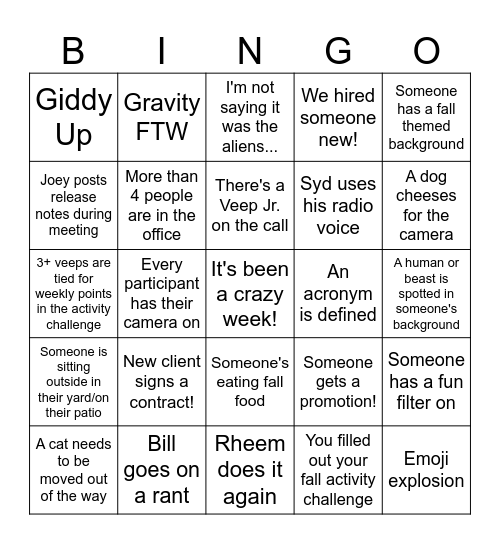 VP Fall Weekly Recap Bingo Card