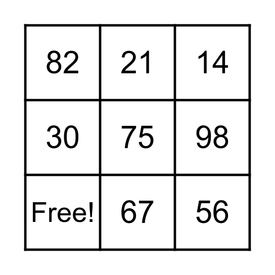NUMBERS Bingo Card