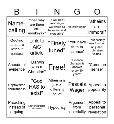 Shitty Theist Bingo Card