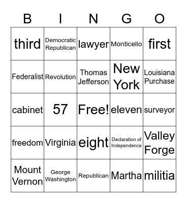 Washington and Jefferson Bingo Card