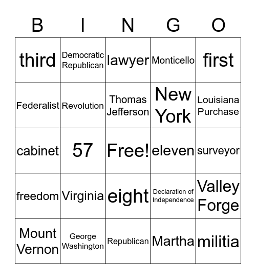 Washington and Jefferson Bingo Card
