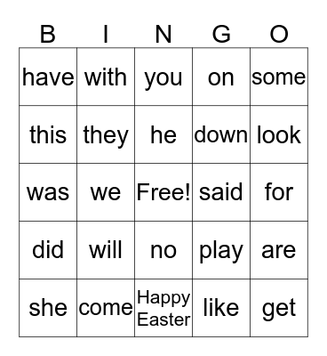 sight words Bingo Card