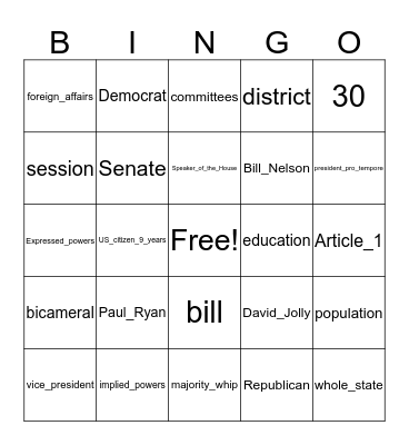 Legislative Branch Bingo Card
