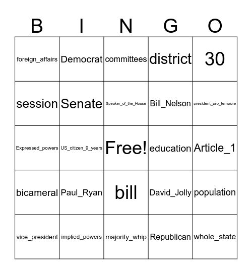 Legislative Branch Bingo Card