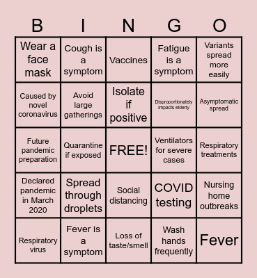 COVID-19 Facts Bingo Card