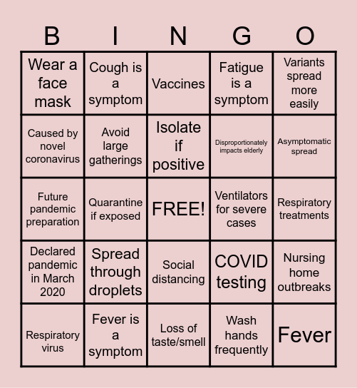 COVID-19 Facts Bingo Card