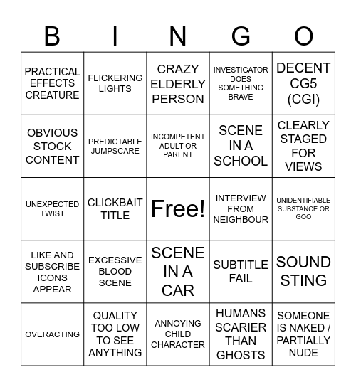 YouTube Scary Video Bingo Card