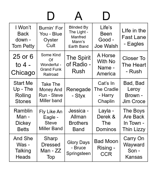 Dad Rock Bingo Card