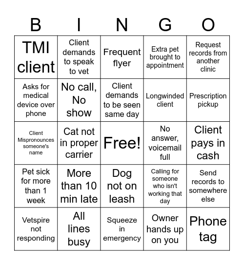 Veterinary Reception BINGO Card