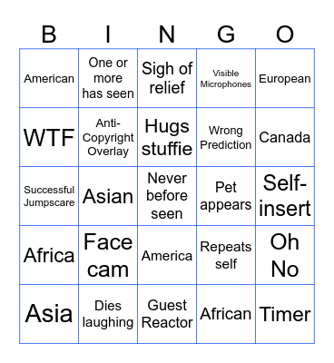 Reaction Bingo Card