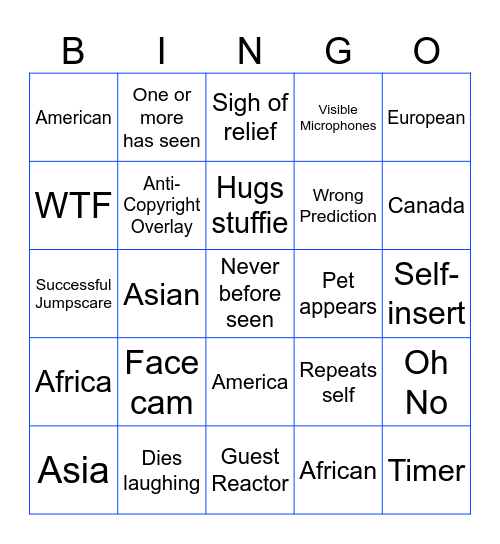 Reaction Bingo Card